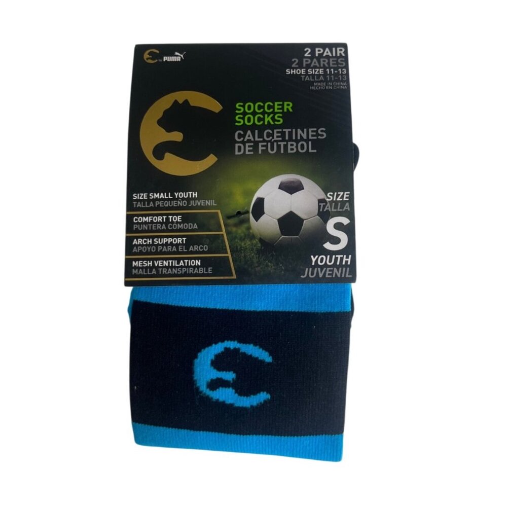 E By Puma Youth Soccer Socks 2 Pairs Small Black Blue New Arch Support Ventilati